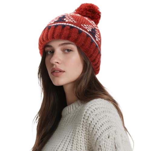 Winter Beanie Hat for Women - Warm Fleece Lined Pom Knit Earflap - D-Brick Red