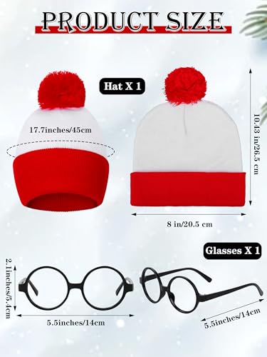 Halloween Red White Knit Beanie with Pompoms & Glasses - Small