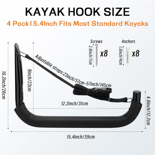 Vahodegn Heavy Duty Kayak Storage Rack Wall Mount with Adjustable Straps, Pack of 4 (10.6" x 15.5")