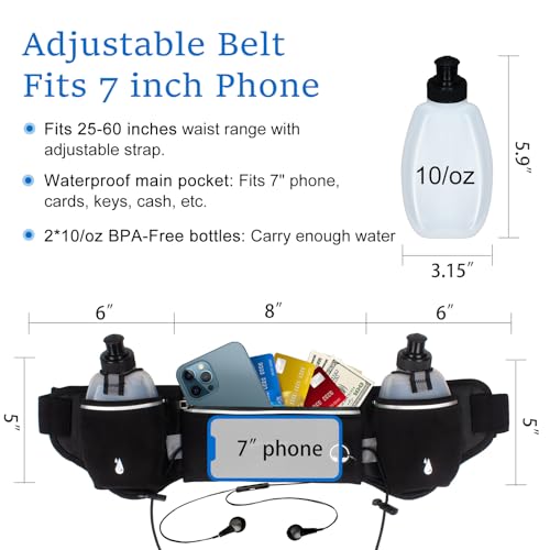 Running Belt with Water Bottles - Black Reflective, Fits 7" Phones