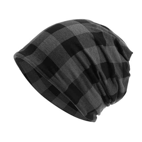 Plaid Slouchy Beanie for Men - Cotton Stretch Skull Cap