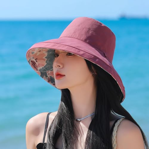 Reversible Bucket Hat for Women - UV Protection, Packable, One Size - Red
