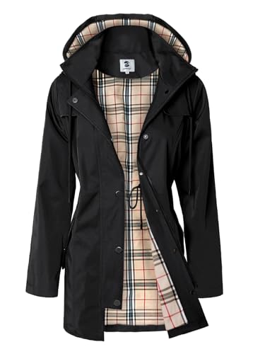 SaphiRose Women’s Long Hooded Rain Jacket - Black, Small