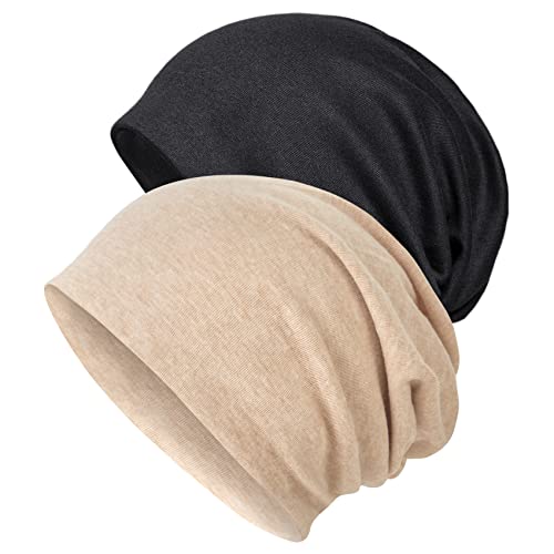 Cotton Slouchy Beanie Hat - Large, Black Khaki for Men & Women