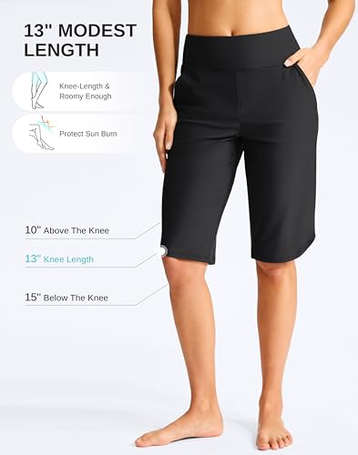 G Gradual Women's 13-inch Black Long Swim Board Shorts with Pockets - Large