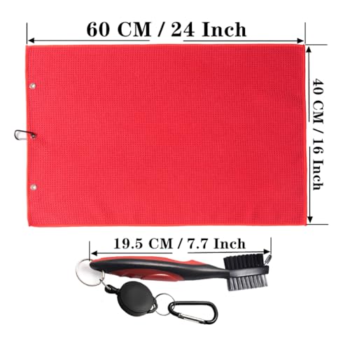 Microfiber Golf Towel and Retractable Club Brush Set - 16x24 Inch - Red