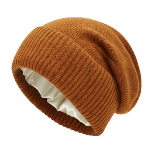 Satin-Lined Slouchy Beanie for Women - Winter Hat - Dark Orange