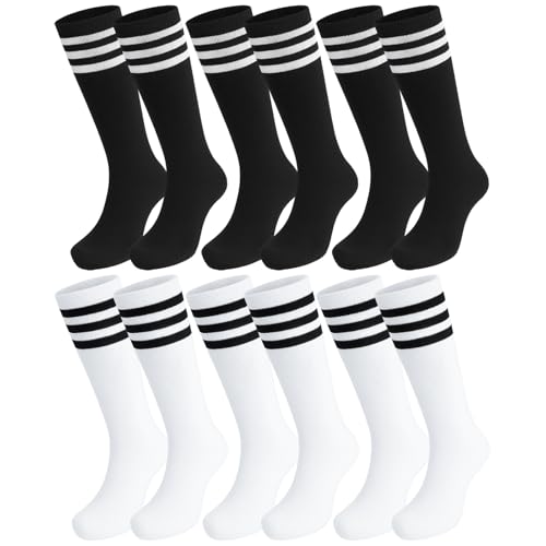 Kids Soccer Socks - Striped Knee High Athletic Socks - White & Black - Ages 6-9