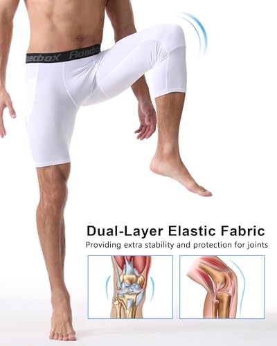 Men's One Leg Compression Pants - 3/4 Athletic Tights with Pockets - Large Left Single Pack - White