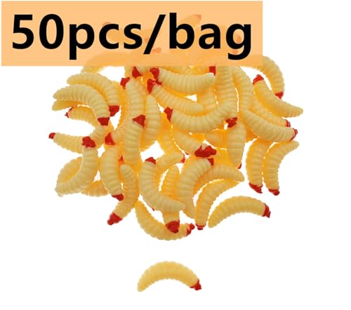 50pcs Soft Silicone Maggot Fishing Lures - 1-Inch Artificial Bait - Beige