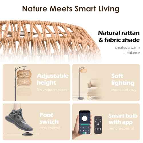 DRAWNCAT Boho Rattan Floor Lamp with Shade - 12W Bright LED Bulb, Adjustable Height 48-60 Inch, Remote Control 3 Color Temperatures,Farmhouse Handwoven Arc Standing Light for Living Room Bedroom
