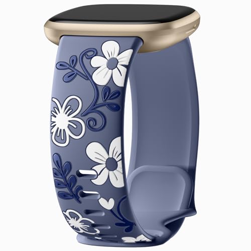 GEAK Blue Gray Floral Design Silicone Watch Band Compatible with Fitbit Sense/Sense 2/Versa 3/4 – Women & Men, Soft Engraved Strap Replacement