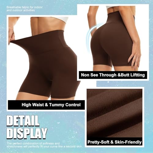 5" High Waist Biker Shorts for Women - Compression Spandex, Coffee, Large-X-Large