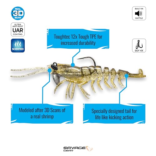 Savage Gear Manic Shrimp RTF Saltwater Lure - 3in Gold, Ultra-Realistic