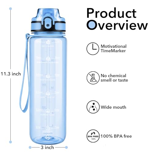 Alwager 32oz Water Bottle with Time Marker, Clear with Strap – BPA-Free Leak-Proof