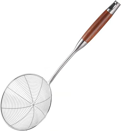 Stainless Steel Mesh Skimmer Spoon with Wooden Handle - 5.4 Inch Deep Fryer & Pasta Strainer