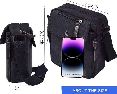 CAAORDKSO Small Canvas Messenger Bag for Men & Women - Black, Crossbody Travel Purse