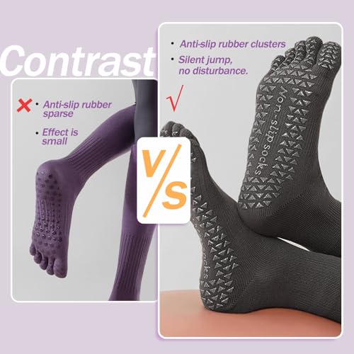 WOKNOW Pilates Socks with Grips for Women, 3 Pairs Toe Socks Five-Finger Non-Slip (Black, Milk White, Gray)