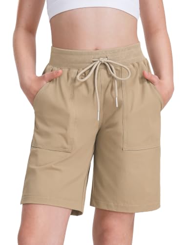 HASMES Girls Athletic Bermuda Shorts Kids Quick Dry Cargo Uniform, Khaki 13-14Y