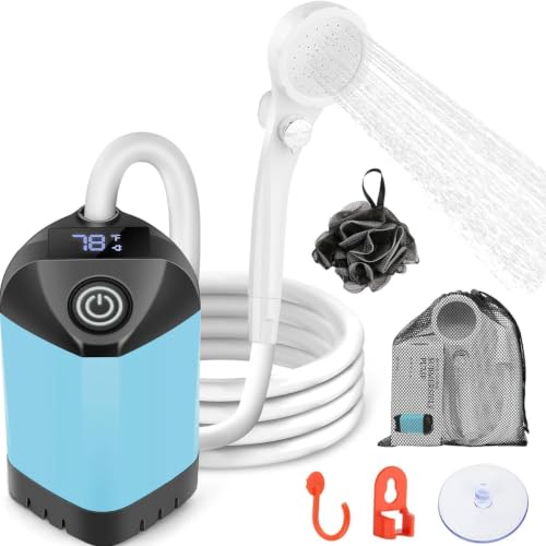 B013 Rechargeable Blue Portable Camping Shower with LED Display and 3 Spray Modes