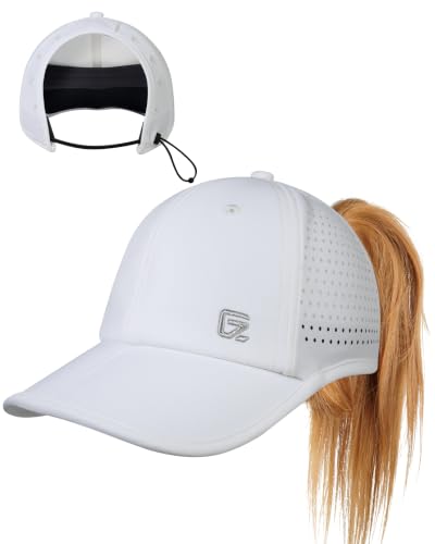GADIEMKENSD Women's Ponytail Running Hat - Foldable Breathable Baseball Cap, Large Hole, White, 6 3/4-7 1/4