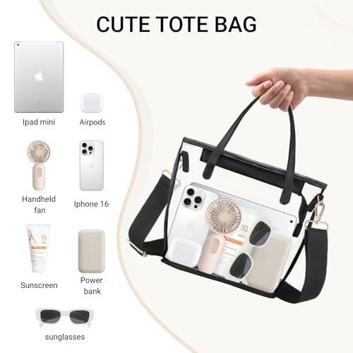 Clear Tote Bag for Women - Stadium Approved with Adjustable Straps - Black