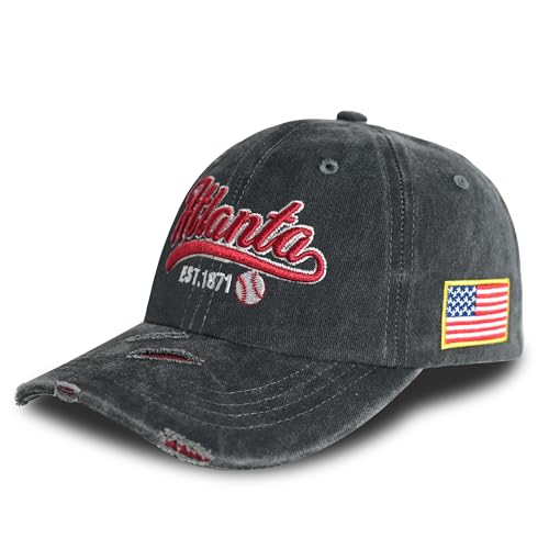 BEHDIJ Vintage Washed 3D Embroidered Baseball Cap L-Atlanta - Adjustable Cotton Dad Hat for Men Women Teens