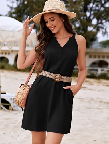 Women's V Neck Swimsuit Cover Up Dress with Pocket - Black, Medium