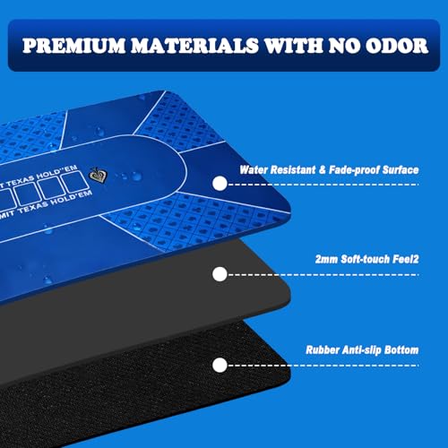 Blue Waterproof 70 x 35 Inch Poker Mat for Texas Hold'em & Casino Games - Portable Anti-Slip Card Tabletop