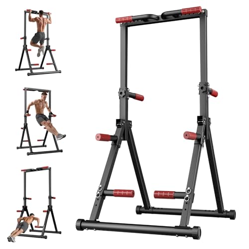 Foldable Adjustable Pull Up Bar - Red Power Tower Dip Station