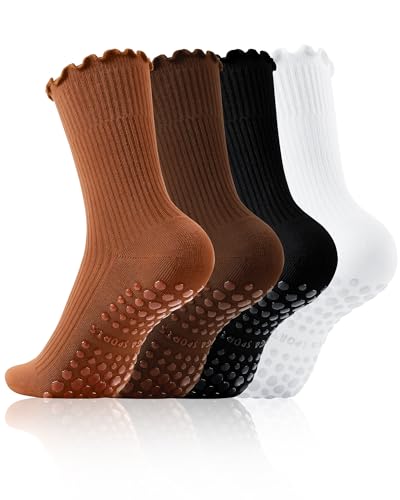 Non-Slip Pilates Socks for Women - 4 Pairs Black, Brown, Caramel, White