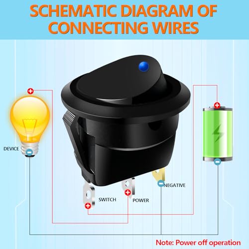 12V Round Rocker Switch with Blue LED - 6 Pack DC 20A