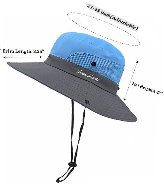 Women's Bucket Hat with Ponytail Hole - UV Protection, Foldable - Medium Blue & Grey