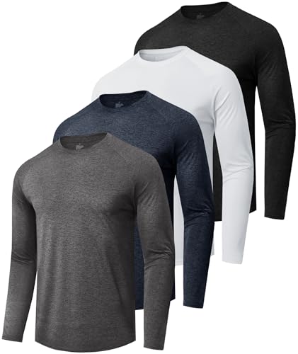 BOOJO 4 Pack Long Sleeve Performance T-Shirts for Men – Quick Dry, Moisture Wicking (Small, 4-Color Heather Black/Dark Grey/Navy/White)