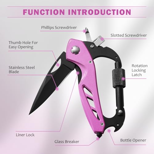 6-in-1 Pink Multitool Carabiner Knife - EDC Tool for Camping & Hiking