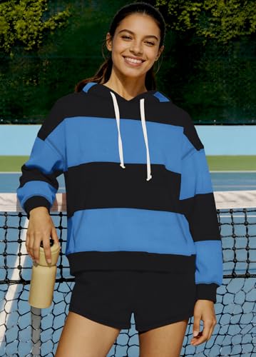 Women's Striped Lounge Set - 2 Piece Workout & Relaxation Set, Medium Blue-Black