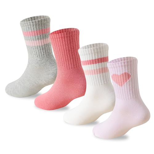 Kids Pink Crew Socks with Hearts - 4-7 Years