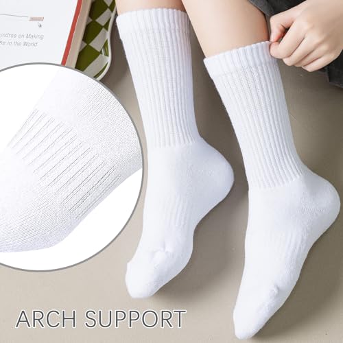 Kids Crew Socks 6 Pairs | Cushioned Athletic & Dress Socks for Boys & Girls, White, Large