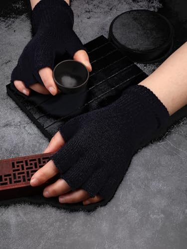 Winter Half Finger Gloves - Unisex Knitted Fingerless Mittens - Matte Black