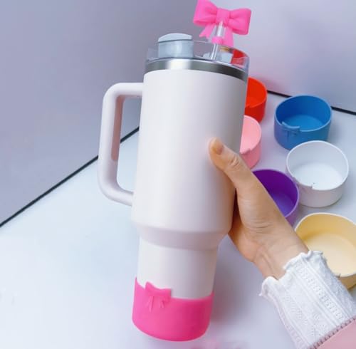 Silicone Bottle Cover & Bow Shape Straw Topper for Stanley Tumblers - Rose Pink