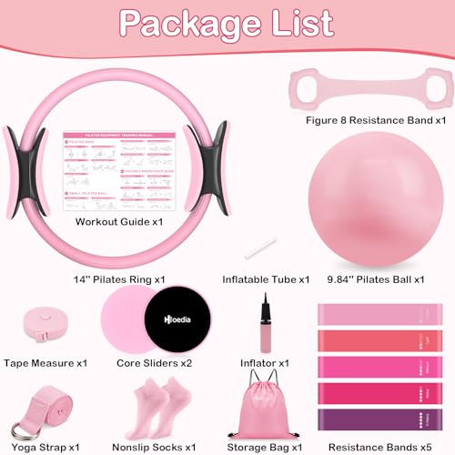Pilates Kit for Women - 17 PCS Set with Ring, Ball & Bands - Pink
