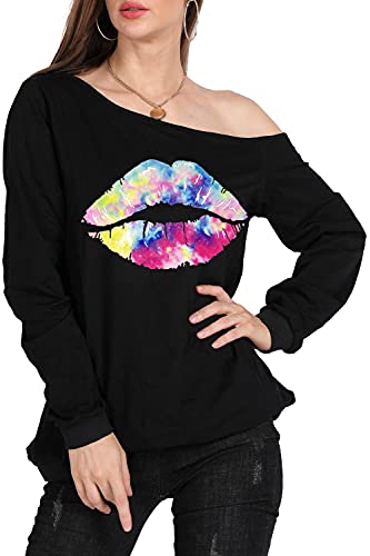 MAGICMK Women's Lips Print Off-Shoulder Sweater Shirt XXL Plus Size Casual Blouse