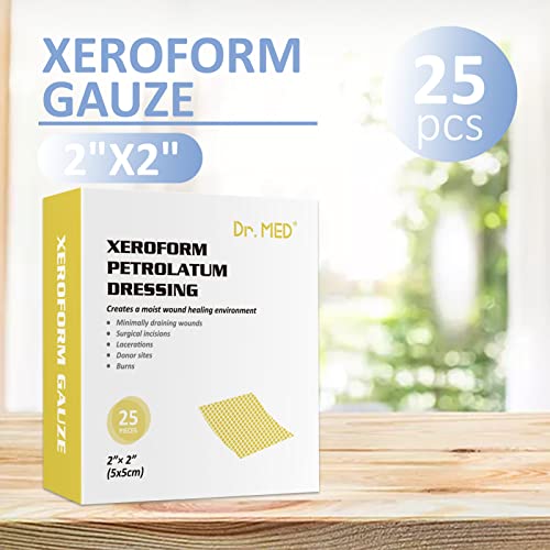Dr.Med Xeroform Petrolatum Dressing Patch 2x2 in - 25 Pcs Box, Non-Adherent Gauze for Minor Burns & Wounds