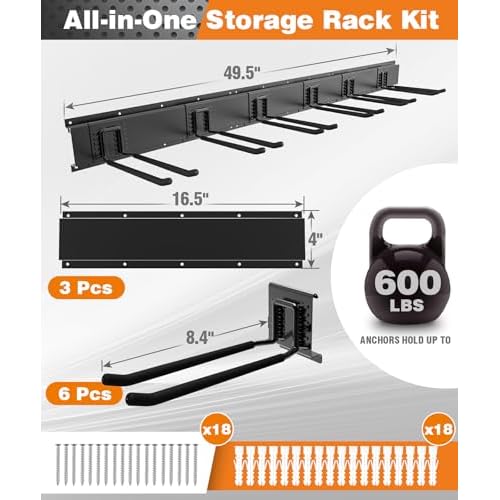 Garage Tool Organizer Wall Mount, 49.5 Inch Garage Organization and Storage Heavy Duty with 3 Packs Rails and 6 Adjustable Hooks, Garden Yard Tool Hanger Rack for Shovel, Max Load 600lbs