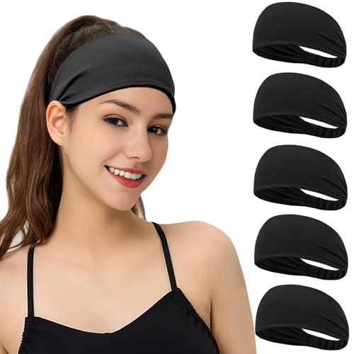 Moisture Wicking Headbands for Women - 5 Pack Black + Black