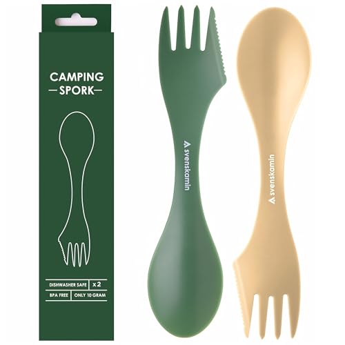 3-in-1 Camping Spork Set - Lightweight Travel Utensils, Green & Sand