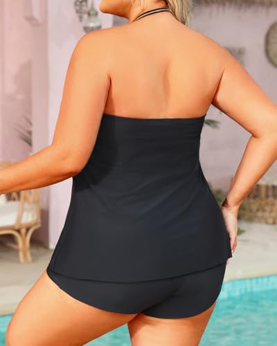 Plus Size Bandeau Tankini 2-Piece Halter Swimsuit with Shorts - Black (Size 22 Plus)