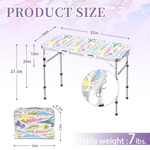 Yriuat 3ft Folding Camping Table with Floral Design, Adjustable Height Portable Picnic Table