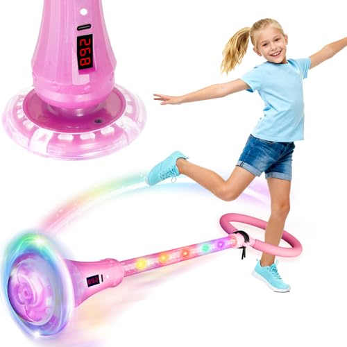 Pink Rechargeable Skip Ball for Kids with Flashing Light-Up Wheel & Counter