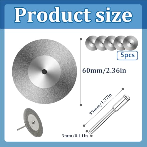 5 Pieces 60mm Glass Cutting Disc Diamond Cutting Disc Cut Off Wheels with 5Pcs Mandrel 1/8'' Shank Stone Blade for Polishing Tiles Marble Plastic Jade Rotary Tool Drill Attachment 2.36 Inch